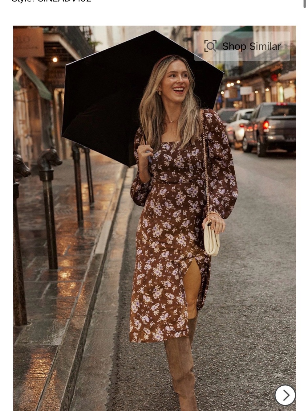 Francesca's Collections Brown Floral Midi Dress with Puff Sleeves and Side Slit